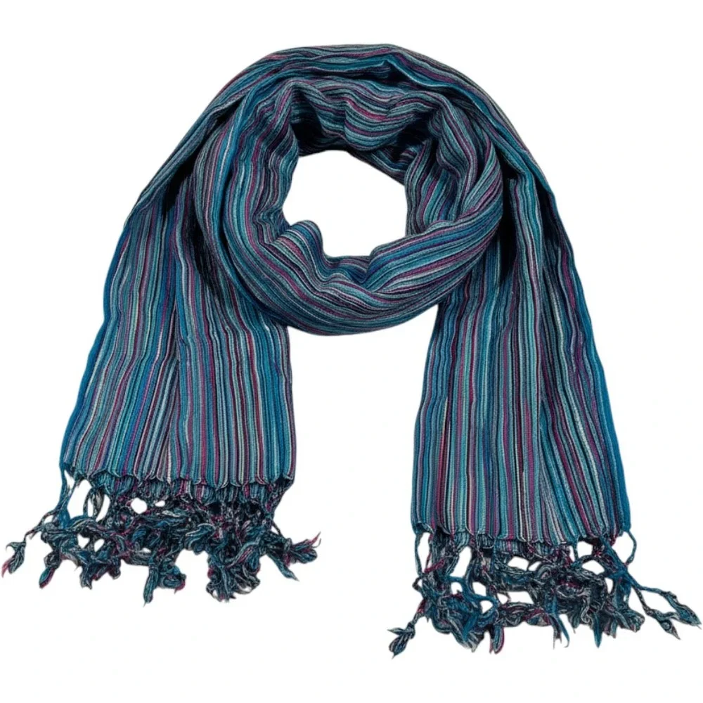 Silk Scarf Women Multi-Color Striped Fringe Lightweight Accessory
